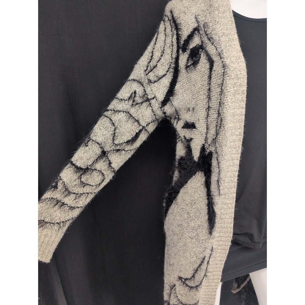 Fuzzy Knit Duster Cardigan Woman Face Graphic Artsy Avant Garde Statement S/M - Picture 6 of 9